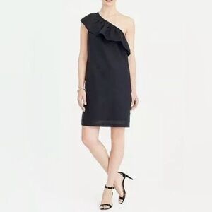 J.CREW Factory Black One Shoulder Ruffle Linen Blend Dress Size Small NWT